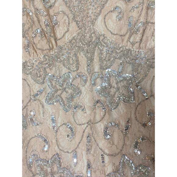 PISARRO NIGHTS DRESS 2 TAN BEIGE GOWN MOB FALL EVENING LONG FORMAL SEQUIN BEADED - Picture 14 of 16
